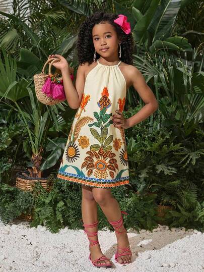SHEIN Tween Girls' Casual Vacation Colorful Floral Tropical Print Flowy A-Line Woven Dress
