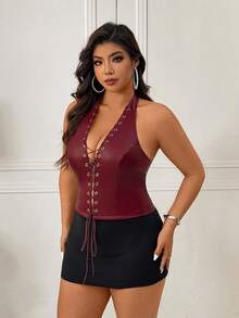 Femmeverse Áo vest nữ cỡ lớn gợi cảm, chất liệu da, thiết kế buộc dây có khoen, phối màu độc đáo. - Màu Đỏ Sâu - Xem 3