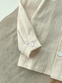 SHEIN Playful Pals Bộ 2 món áo sơ mi cổ bẻ tay dài và quần dài cho bé trai sơ sinh, chất liệu cotton pha linen, màu be, phong cách thường ngày mùa hè, đồ gia đình đồng bộ cho bé trai 6 tháng - 3 tuổi - Màu be - Xem 7