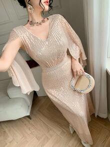 DAZY Women's Elegant Sequin V-Neck Ruffle Sleeve Dress, Summer Carnival Wedding Guest Dress Sparkly Dress Maxi Dress Sundress - Apricot - View 8