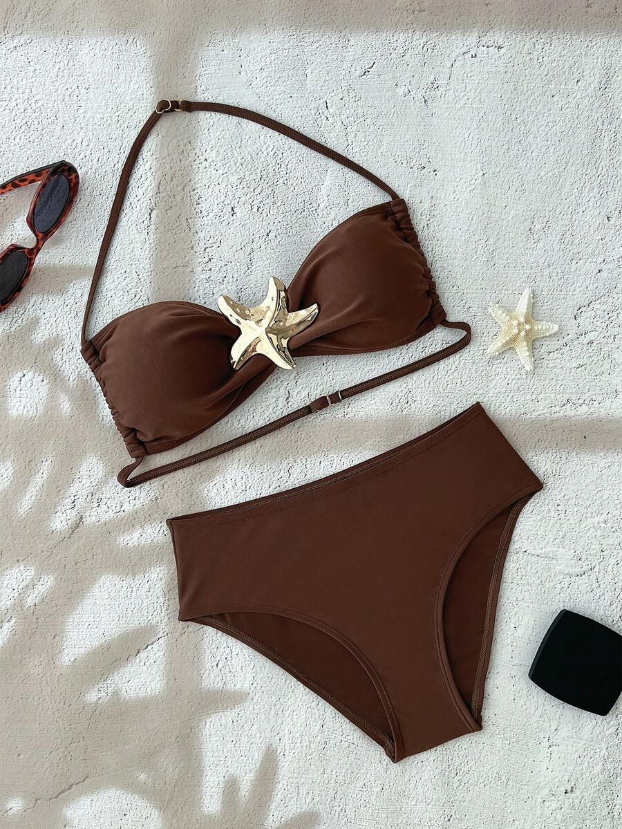 Tween Girls Solid Color Strapless Tie Metallic Jewelry Bikini Set For Summer,Bathing Suit Set /Beach Girl Outfit/ Swim Suits Two Pieces/ Bathing Suits For Teens Bikini Set - Brown - View 1