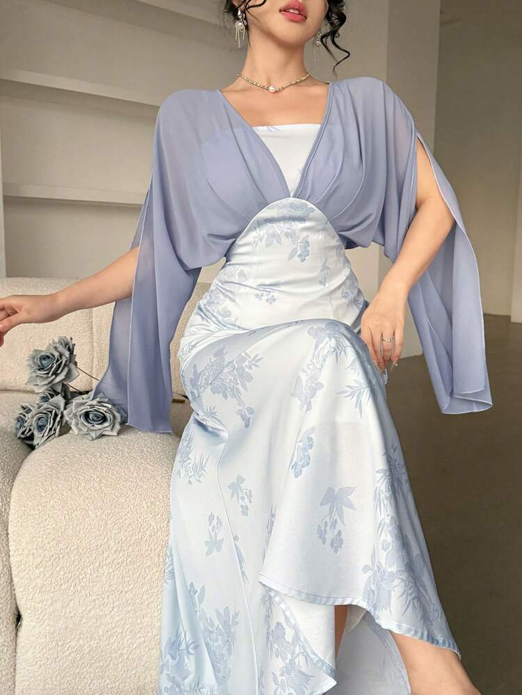 Women's Elegant Floral Patchwork Color Block Long Dress, Spring/Summer Wedding Guest Dress Easter Sundress