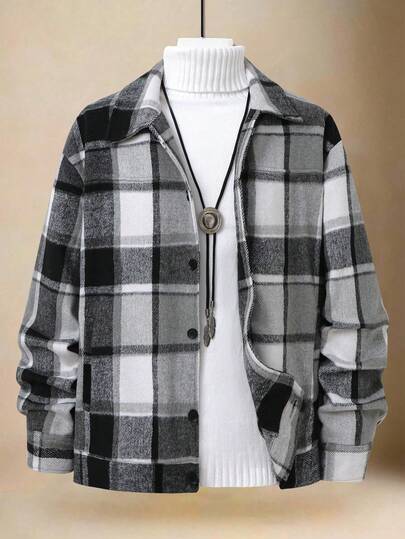 Manfinity Homme 男士羊毛混纺格子大衣，休闲日常设计，黑色纽扣装饰，实用口袋，修身舒适版型，通勤、上学、度假皆宜，送给丈夫或男友的绝佳礼物，男女皆可搭配。