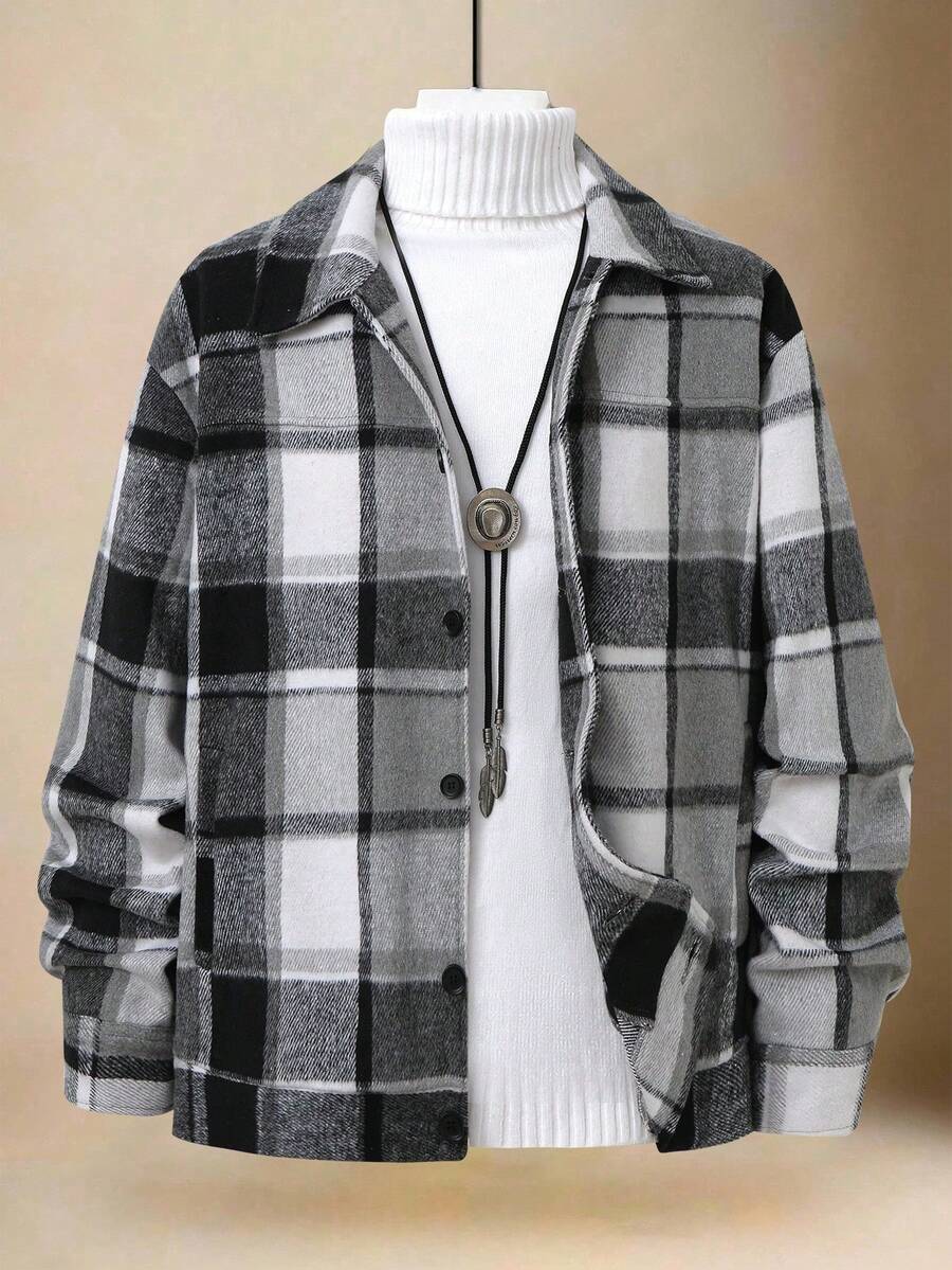 Manfinity Homme 1pc Men's Wool Blend Plaid Overcoat,Black And White Checkered Shacket,Slim Fit Casual Everyday Design,Autumn Hiking Smart Casual Jacket With Pockets - Grey - View 1