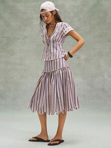 Bohemela Casual Woven Striped Loose Women Skirt - Multicolor - View 8