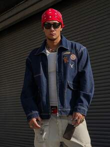 DAZY Men's Denim Jacket With Embroidered Lettering Pattern, Navy Blue, Suitable For Spring And Autumn - Blue - View 4