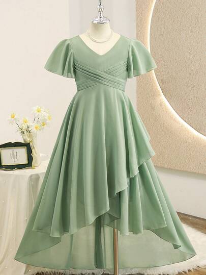 Tween Girl Elegant Solid Color Front Short Back Long Dress