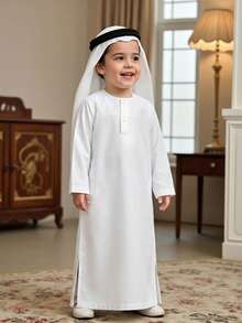 SHEIN Baby Boy Casual Vintage Arabic Style Open Front Loose Long Shirt, Suitable For Party, Daily Wear, Home, Spring, Summer, Autumn