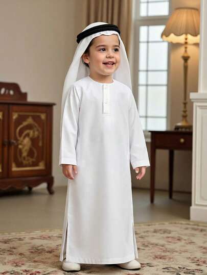 SHEIN Babypojke Casual Vintage Arabisk Stil Öppen Fram Lång Skjorta, Lämplig För Fest, Vardagskläder, Hem, Vår, Sommar, Höst