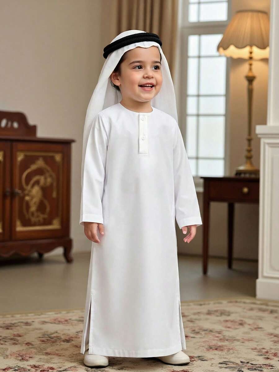 SHEIN Baby Boy Casual Vintage Arabic Style Open Front Loose Long Shirt, Suitable For Party, Daily Wear, Home, Spring, Summer, Autumn