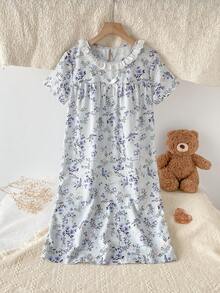 Spring/Summer Vintage Ditsy Floral Elegant Short Sleeve Knee-Length Dress With White Ruffle Collar Splice, Sweet Home Dress/Sleepwear For Girls Vintage Floral All-Over Print Neckline Lace Trim Short Sleeve Long Dress. Combination Holiday Vacation Essential - Mint Green - View 3