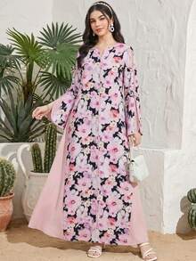 SHEIN 少女纯色拼接印花V领直筒长款连衣裙/睡袍，舒适休闲，适合春秋季日常穿着，阿拉伯长袍，端庄得体。 - 粉色 - 查看 3