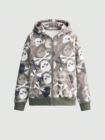 Grunge Punk Subculture Punk Skull Camo Print Cross Rhinestone Fur Collar Zip-Up Sweatshirt
