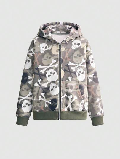Grunge Punk Subculture Punk Skull Camo Print Cross Rhinestone Fur Collar Zip-Up Hoodie
