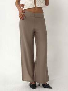 Aloruh Women's Casual Vacation Home Daily Pleated Linen Super Low Waist Loose Wide Leg Pants, Spring/Summer - Khaki - View 7