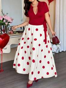Vionelle Women's Elegant Polka Dot Knitted Short Sleeve Crop Tee And Skirt Two Piece Set - Burgundy - View 3