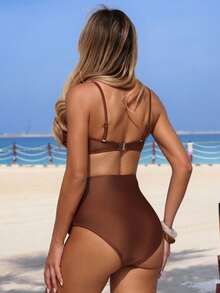 SHEIN 孕妇纯色褶皱性感比基尼泳衣套装，夏季海滩 - 棕色 - 查看 2