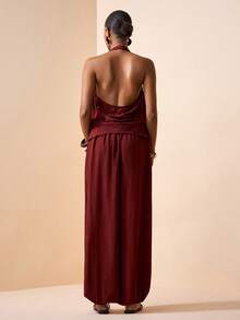 Zivah 2026 Spring/Summer New Music Festival, Easter, St. Patrick's Day, Valentine's Day, Date, Western, Nomadic, Birthday Party, Graduation, College, Student, Daily Wear, Basic Versatile, Casual, Vacation, Cruise Travel, Beach, Sunbathing, Viral , Streetwear, Wedding Guest Boho, Commute, Brunch, Airport, Party, Holiday Outing, Office Wear Sleeveless Vest Top And Linen Brown Drawstring Pants 2-Piece Set - Brown - View 2