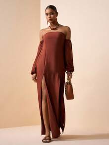 Zivah 2026春夏新品音乐节、复活节、圣帕特里克节、情人节、约会、西部风、游牧风、生日派对、毕业典礼、学院风、学生装、日常休闲、百搭基础款、休闲、度假、邮轮旅行、海滩、日光浴、爆款、街头风、婚礼宾客波西米亚风、通勤、早午餐、机场、派对、假日郊游、办公装、宽松无肩带长袖可拆卸两穿长款亚麻纹理棕色连衣裙 - 棕色 - 查看 6