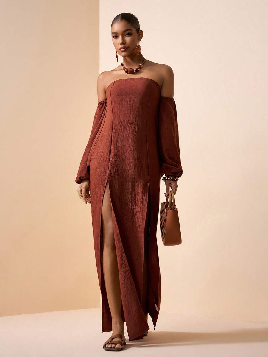 Zivah 2026 Spring/Summer New Arrival Music Festival, Easter, St. Patrick's Day, Valentine's Day, Date, Western, Nomadic, Birthday Party, Graduation, College Style, Student, Daily Casual, Basic Versatile, Leisure, Vacation, Cruise Travel, Beach, Sunbathing, Viral , Streetwear, Wedding Guest Boho, Commute, Brunch, Airport, Party, Holiday Outing, Office Wear, Loose Strapless Long Sleeve Detachable Two-Way Long Linen Textured Brown Rust Brown Dress Off The Shoulder Maxi Dress Slit Dress