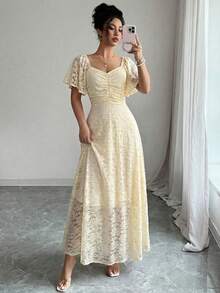 Modelyn Elegant French Style Lace Ruffle Dress, Delicate Yellow, Graceful Summer Aesthetic - Light Yellow - View 4
