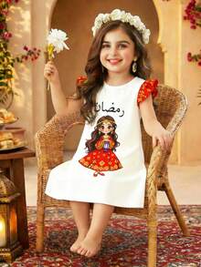 女童短袖连衣裙，公主图案印花撞色拼接花卉中长连衣裙，白色公主裙，适合外出和节日穿着，斋月佳丽 - 彩色 - 查看 5