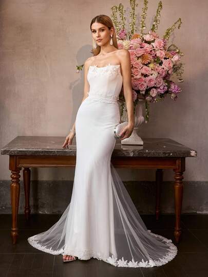 MOTF Soiréza VESTIDO DE NOCHE ELEGANTE PARA MUJER TIPO SIRENA SIN TIRANTES Y AJUSTADO CON DETALLES DE APLICACIONES FLORALES EN EL PECHO/CINTURA, BAJO DE TUL TRANSLÚCIDO CON ACENTOS FLORALES - IDEAL PARA BODAS, CENAS DE GALA, CELEBRACIONES Y RECEPCIONES FORMALES