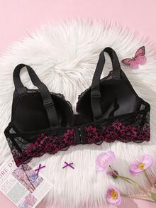 DesireSculpt Plus Size Lace Patchwork Underwire Bra, Comfortable Wide Strap, Sexy Lace, 1pc - Multicolor - View 2