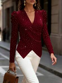Balvessa Rhinestone Velvet Criss-Cross Neck Elegant Party Long Sleeve Women T-Shirt - Burgundy - View 4