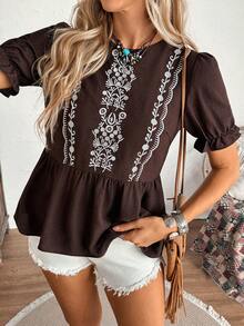 LanaWest Floral Embroidery Puff Sleeve Casual Vacation Shirt - Coffee Brown - View 6