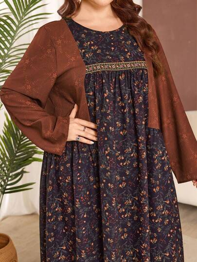 Lacomfia Plus Size Women's Long Sleeve, Round Neck, Ribbon Decor Print Fabric Patchwork Textured Elegant Dress