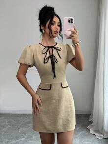 Gloray Vestido mini de mujer con cuello redondo, mangas abullonadas y nudo delantero - Caqui - Ver 3