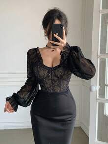 DAZY 女款優雅蕾絲荷葉邊飾襯衫，春夏款，婚禮賓客禮服女式外出上衣 - 黑色 - 查看 3