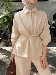 DAZY Bộ đồ nữ thường ngày gồm áo sơ mi thắt nút màu trơn và quần ống rộng, thích hợp cho mùa xuân/hè. - Màu be - Xem 8