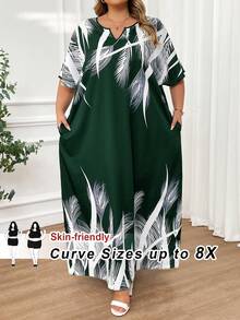 SHEIN CURVE+ 春夏秋冬优雅藏蓝色梭织缺角长袍连衣裙，大码连衣裙 - 綠色 - 查看 2