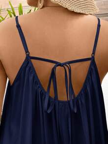 SHEIN CURVE+ 纯色加大码吊带摆裙，长款度假连衣裙，结婚纪念日连衣裙，白色连衣裙，波西米亚风长款白色连衣裙 - 霧霾藍 - 查看 10