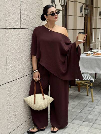 Dripcurv Plus Size Women's Casual Minimalist Solid Color Asymmetrical Neck Loose Top And Wide Leg Pants 2 Piece Set, Suitable For Spring, Summer, Autumn
