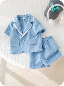 SHEIN 2pcs Baby Boy Preppy Gentleman Outfit, Contrast Color Short Sleeve Blazer And Elastic Waist Shorts Set, Suitable For Birthday Party, Rave, Evening Party, Performance, Wedding, Baby Shower, 1st Birthday Celebration Baby Boy Blue Suit Blazer For Baby Boy 18m Boy Dress Suit - Multicolor - View 5