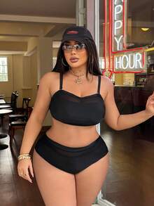 Swim SXY Plus Size Women Solid Color Lace Patchwork Sexy Minimalist Two Pieces Swimwear - Black - View 3
