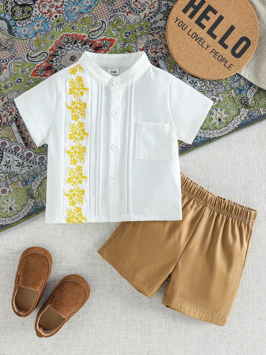 SHEIN Baby Boy Totem Embroidery White Short Sleeve Mandarin Collar Shirt And Khaki Shorts Set, Suitable For Spring/Summer, Casual, Outdoor, Vacation, Party And Other Occasions - Multicolor - View 1