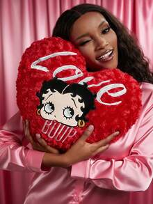 Betty Boop x SHEIN 1pc Rose Plush Heart-Shaped Throw Pillow With Exquisite Embroidery. It Can Decorate Your Home, Office, Bedroom, Or Sofa.Love, Kiss,Heart,Gift Ideas,Party,Holiday,Valentine's Day