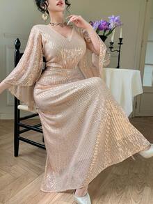 DAZY Women's Elegant Sequin V-Neck Ruffle Sleeve Dress, Summer Carnival Wedding Guest Dress Sparkly Dress Maxi Dress Sundress - Apricot - View 4