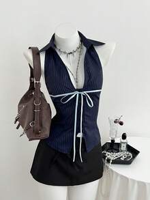 Elamini Vintage Striped Bow-Tie Collar Sleeveless Fitted Women Vest Jacket, Spring/Summer