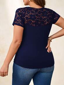 Reflora Plus Size Elegant Round Neck Contrast Lace T-Shirt - Navy Blue - View 2