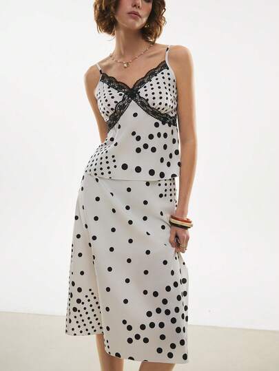 Poéselle Women's Lace Polka Dot Print Camisole And Mini Skirt 2 Pieces Set,Polka Dot Lace Slip Dress For Women, Spaghetti Strap Midi Summer Dress, Elegant Black And White Party Outfit,Summer 2 Pieces Set,French-Style 2 Pieces Set,Holiday, Beach Vacation, Elegant Party