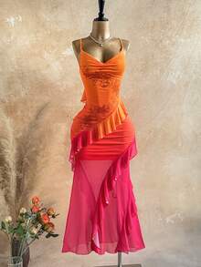 Soleia Đầm nữ in họa tiết hoa cổ điển nhiều màu sắc, cổ xếp ly, gấu đầm bồng bềnh, kiểu dáng đi nghỉ mát. - Màu Cam cháy - Xem 7