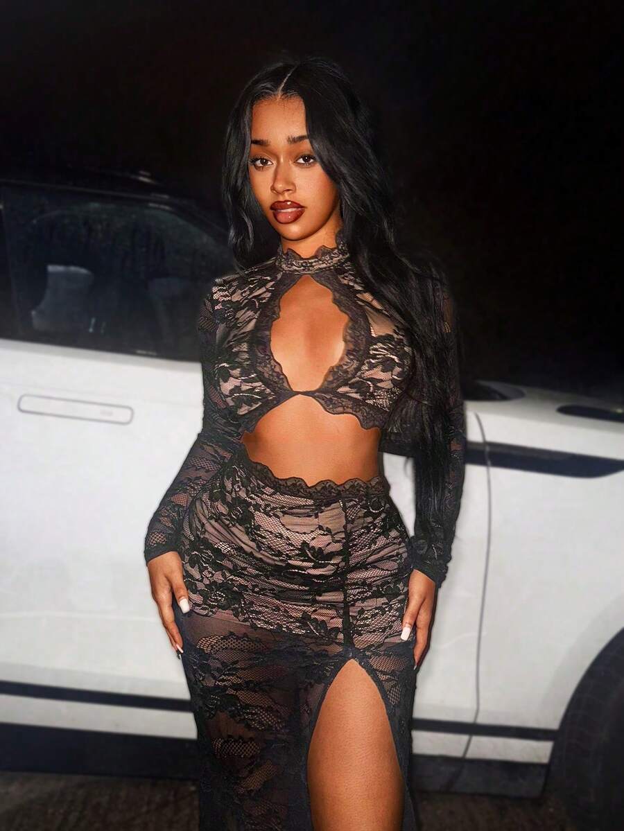 BamGleam Valentines Sexy Women'S Lace See-Through Twisted Bell SleeveTop & High Slit Skirt, 2pcs/Set - Black - View 1