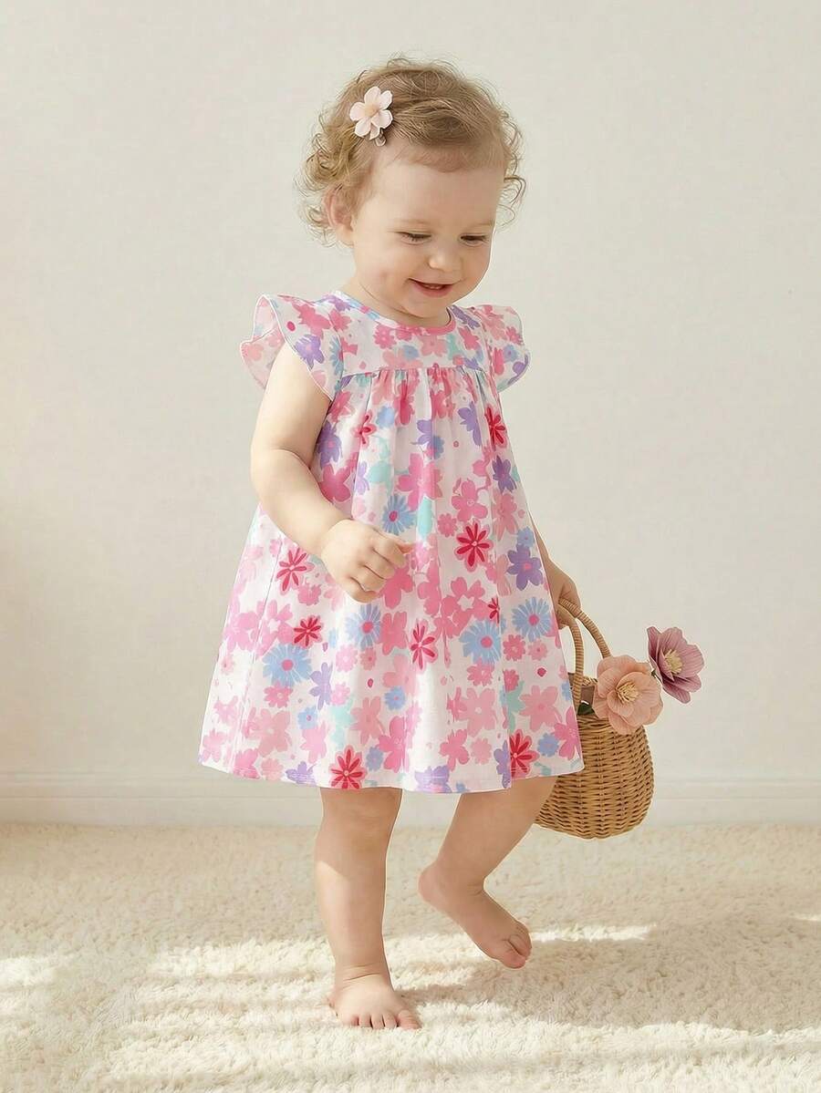 Souflis Souflis 女婴幼儿/新生儿 0-3 岁 休闲可爱甜美荷叶边袖连衣裙，适合日常穿着，春夏皆宜 - 彩色 - 查看 1