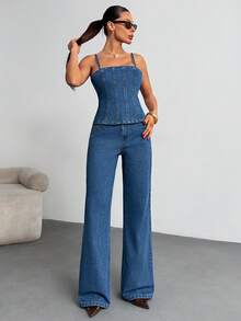 SHEIN 100% Cotton Women's Denim Two Pieces Outfits With Top And Jean - Medium Wash - View 3