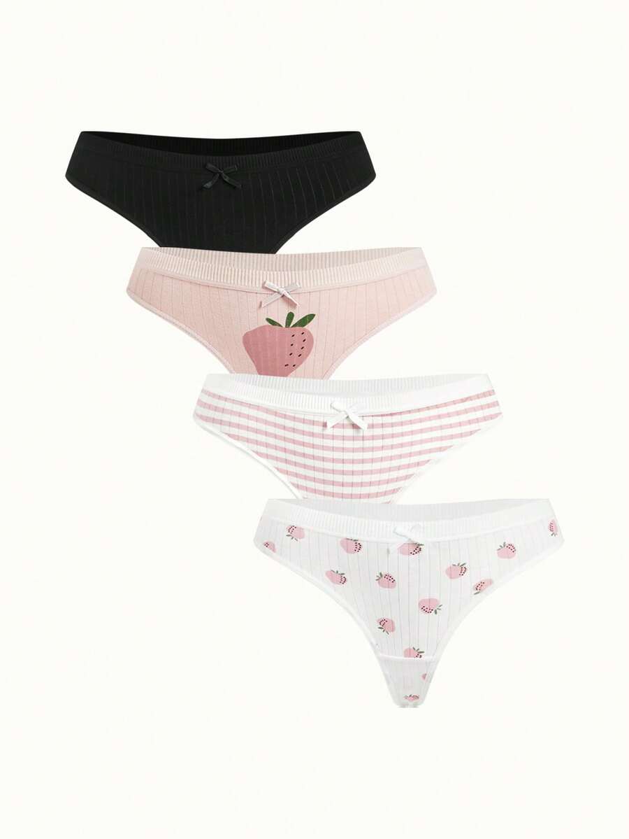 Bonmuse 3条/包 女士随机颜色印花蝴蝶结可爱甜美丁字裤，柔软舒适女士内裤 - 彩色 - 查看 1